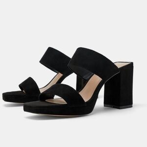 Zara Black Chunky Heel Suede 2 Straps Square Toe Sandals Size 39 (8)